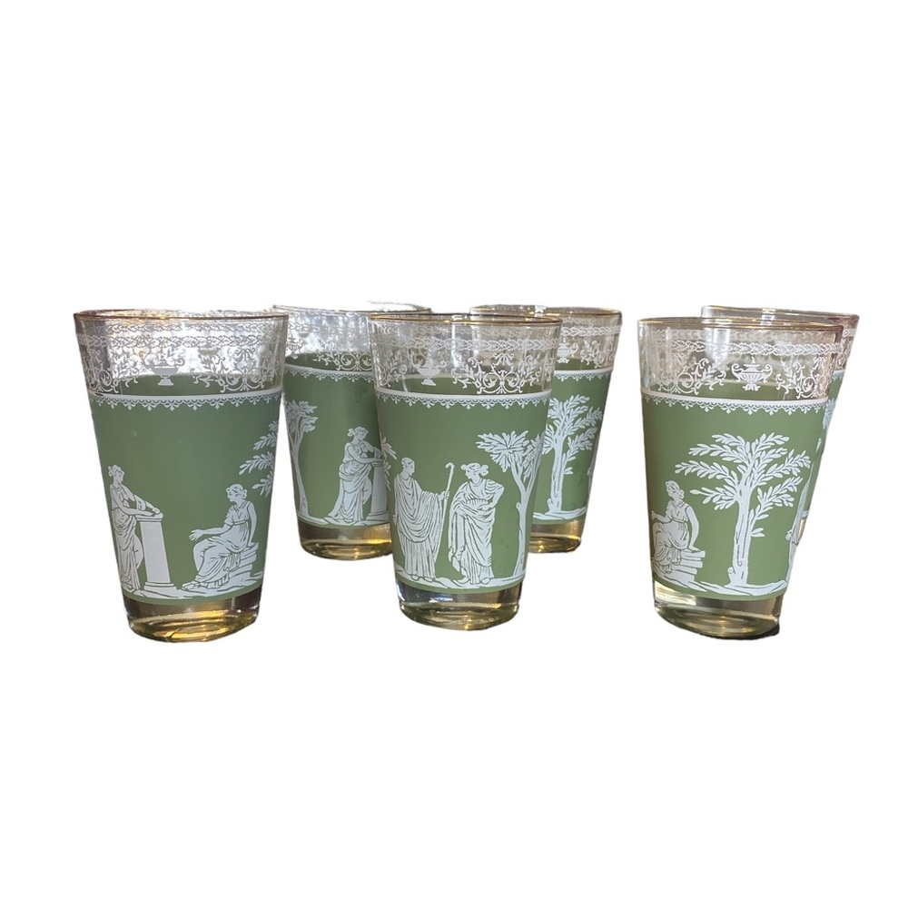 Vintage Jeanette Jasperware Hellenic Green Greek Drinking Glass Set of 6